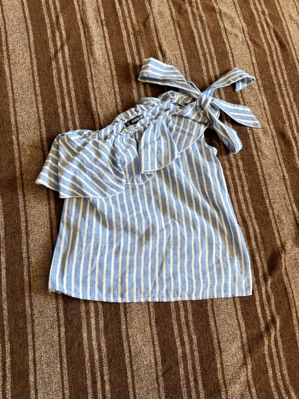 SHEIN Blue and White Striped One-Shoulder Ruffle Top